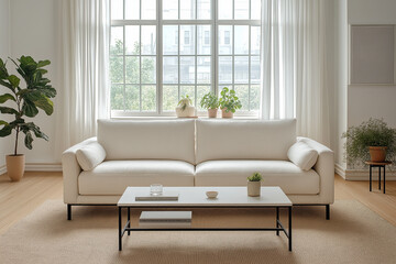 Fototapeta premium Modern Minimalist Living Room Interior Design with Cream Sofa and Large Window
