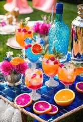 vibrant cocktail setup showcasing colorful glimmering refreshing beverages arranged summer enjoyment, umbrella, ice, refreshment, glass, drink, tropical