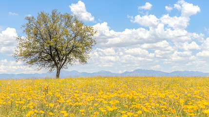 Obraz premium Solitary green tree stands in a vibrant field of yellow wildflowers under a bright blue sky with clouds.