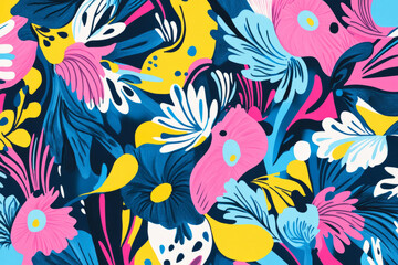 Naklejka premium Illustration of a playful, retro inspired pattern with psychedelic swirls and bright neon colors, such as pink, blue, and yellow. The abstract, whimsical design brings a nostalgic, vibrant feel to