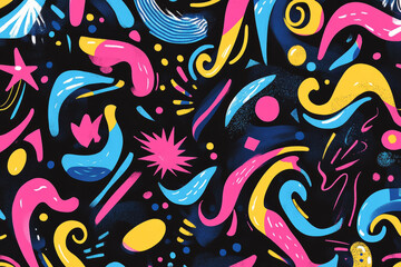 Obraz premium Illustration of a playful, retro inspired pattern with psychedelic swirls and bright neon colors, such as pink, blue, and yellow. The abstract, whimsical design brings a nostalgic, vibrant feel to