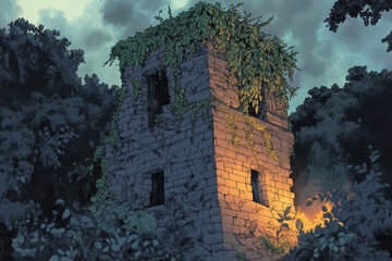 Illustration of a massive, ancient stone temple covered in vines, sitting at the edge of a jungle. The temple is illuminated by the soft glow of torches, evoking a sense of mystery and forgotten
