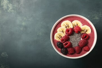 Vibrant bowl filled with smoothie topped with fresh bananas and