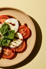 Fresh mozzarella and ripe tomatoes arranged elegantly, topped wi