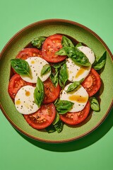 Fresh tomatoes and mozzarella slices arranged beautifully with b