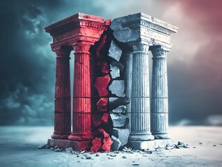 Red and black stone pillar with split composition of financial elements and textures on a neutral background