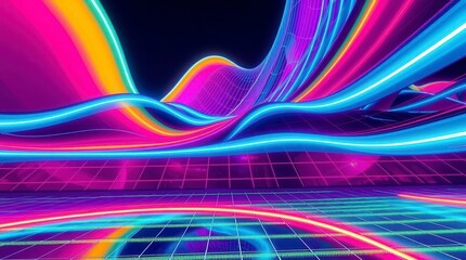 A vibrant neon landscape with flowing lines and geometric grids creates a dynamic and futuristic feel.