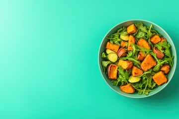 Fresh salad featuring vibrant greens and roasted sweet potatoes