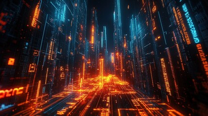 Obraz premium Abstract background of business growth with glowing financial data, success indicators, and skyscraper designs 