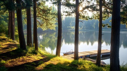 Tranquil lake surrounded by tall pine trees, with a small wooden pier and a fishing boat docked by the shore, soft sunlight filtering through the trees.