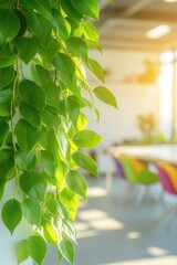 Lush green leaves cascade down, enhancing bright, modern workspa