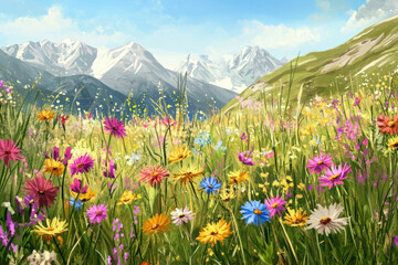 Obraz premium Illustration of a mountain meadow covered with bright wildflowers in full bloom. The flowers sway gently in the breeze, and the distant mountain range adds a sense of grandeur and isolation to the