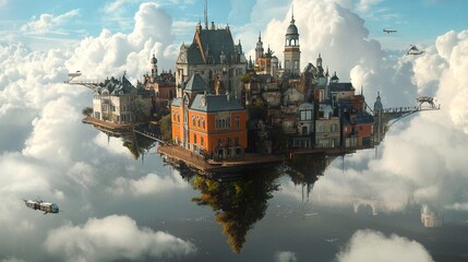 Obraz premium Floating City in the Clouds: A Surreal Architectural Masterpiece