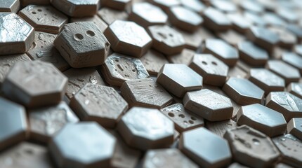 Close up shows beige and blue hexagonal stone tiles forming a textured surface with repeating geometric patterns.