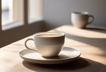 Obraz premium simple aesthetic empty coffee cup resting minimalist wooden table surrounded natural light, design, nature, ceramic, mug, furniture, surface, simplicity