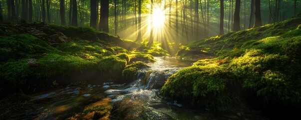 Obraz premium Forest sunrise, misty woodland, sunbeams through trees, mossy rocks, babbling brook, lush green undergrowth, dappled light, ethereal atmosphere, enchanted forest, magical glade, nature's beauty.