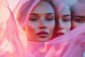 diverse group of women united in pink light ethereal double exposure portraits blending together soft focus with flowing fabric elements