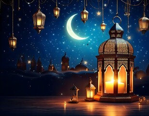 Obraz premium Embracing the Tranquility of Ramadan Nights. Serene and Peaceful Ramadan Scene with Glowing Lanterns