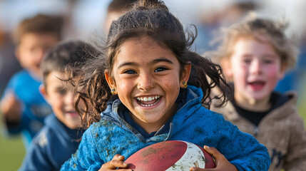 Happy girl running with rugby ball, kids playing in background, outdoor field, fun active childhood