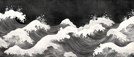 Subtle monochrome Japanese wave pattern layered over textured handmade washi paper