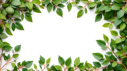 Fototapeta premium A white background adorned with a beautiful frame of greenery leaves, perfect for adding text or images, nature, greenery, concept