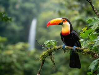 Obraz premium Vibrant toucan perches gracefully on a branch amidst the lush beauty of the Amazon rainforest with distant waterfalls. Generative AI