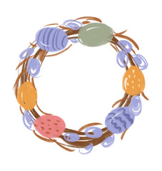 Hand drawn Easter wreath with eggs and willow. Sketch illustration for invitation and holiday design 