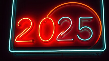 Bright neon sign displays '2025' in vibrant red, orange and blue, capturing the anticipation of the upcoming year.