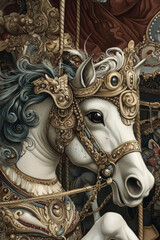 Fototapeta premium Illustration of a vintage carousel adorned with ornate horses, each painted with intricate details. The whimsical scene conveys nostalgia and childhood memories, transporting the viewer to a bygone