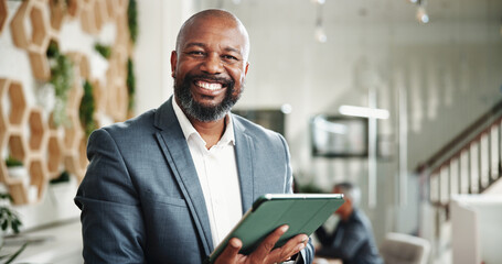 Businessman, financial advice and portrait with tablet, digital budget and report for customer...