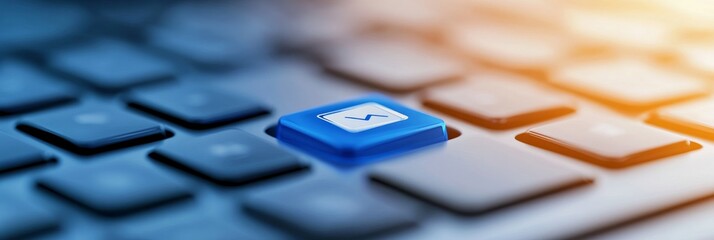 Blue Key on Computer Keyboard - Close-up shot of a blue keyboard key with a message icon, representing communication or online messaging