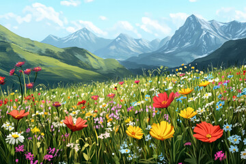 Fototapeta premium Illustration of a mountain meadow covered with bright wildflowers in full bloom. The flowers sway gently in the breeze, and the distant mountain range adds a sense of grandeur and isolation to the