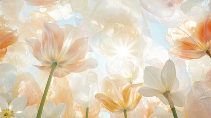 Naklejka premium Tulip and daffodil flowers in sunny field with blue sky background, spring season