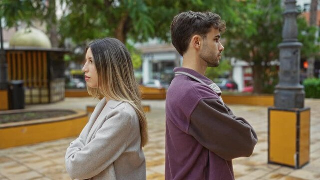 Man and woman stand back-to-back outdoors in a city park, highlighting tension and separation between the couple amidst a serene urban setting.