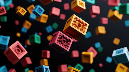 Colorful toy blocks floating in dynamic pattern