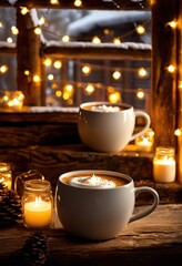 Fototapeta premium charming ceramic mugs filled cozy hot whipped aromatic warmth ideal winter gatherings, cup, beverage, coffee, tea, latte, mocha, chocolate, cinnamon