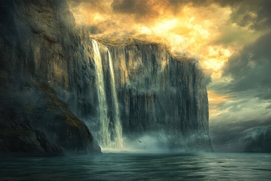 dramatic fjord vista with towering cliffs misty waterfalls cascading into crystalclear waters ethereal morning light casting golden rays through clouds nordic wilderness
