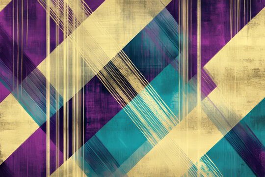 Illustration of a modern plaid pattern with intersecting lines in bold shades of purple, teal, and gold. The sharp contrasts and geometric structure create a fashionable yet edgy look.