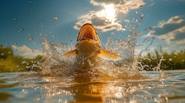 Fish jumping, catching, river, dramatic clouds