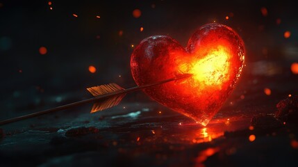 Cupids arrow striking a glowing red heart