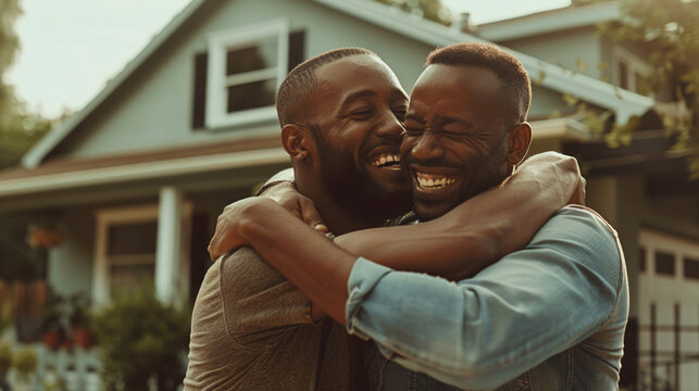 African-American gay couple hug in front of their new home, holding keys or paperwork, symbolizing a milestone of homeownership and LGBTQ+ equality. Warm sunlight enhances the joyful atmosphere.