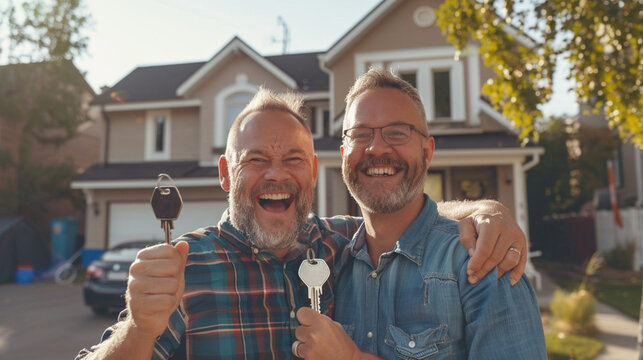 A happy gay couple standing proudly in front of their new home, holding keys or paperwork, symbolizing a milestone of homeownership and LGBTQ+ equality. Warm sunlight enhances the joyful atmosphere.