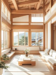 Fototapeta premium A bright Japanese inspired interior room with wood accents