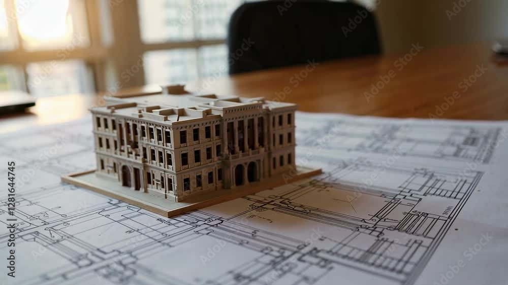 Poster architectural model resting on technical blueprints slowly rotating, revealing intricate design deta