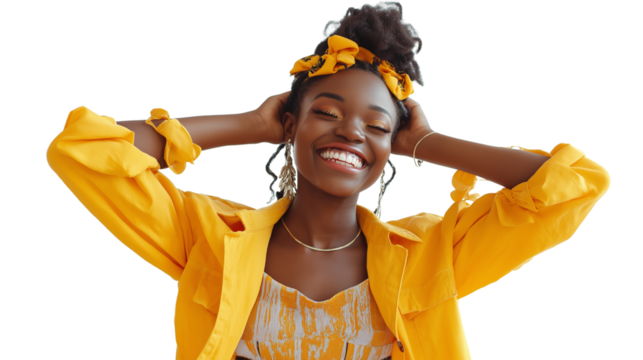 Happy young woman, bright and joyful smile, modern stylish outfit, high-energy expression, isolated PNG