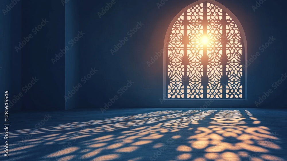 Poster Sunlight filters through a beautifully designed arabesque window, casting playful shadows across the tranquil floor. This enchanting moment captures the serenity of dawn in an artistic setting.