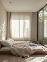 Fototapeta premium A serene and well lit minimalist bedroom scene