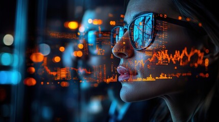 Professional individuals analyzing financial data in a modern office with digital graphs overlay