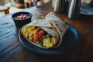 A delicious breakfast burrito with salsa served in a rustic kitchen, perfect for lazy mornings. Enjoy this hearty meal to start your day right!
