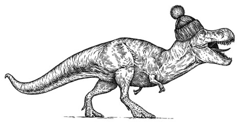 Vintage engraving isolated Tyranosaurus rex glasses dressed fashion set illustration t-rex ink sketch. Dinosaur background Rex silhouette Jurassic sunglasses hipster hat art. Hand drawn image